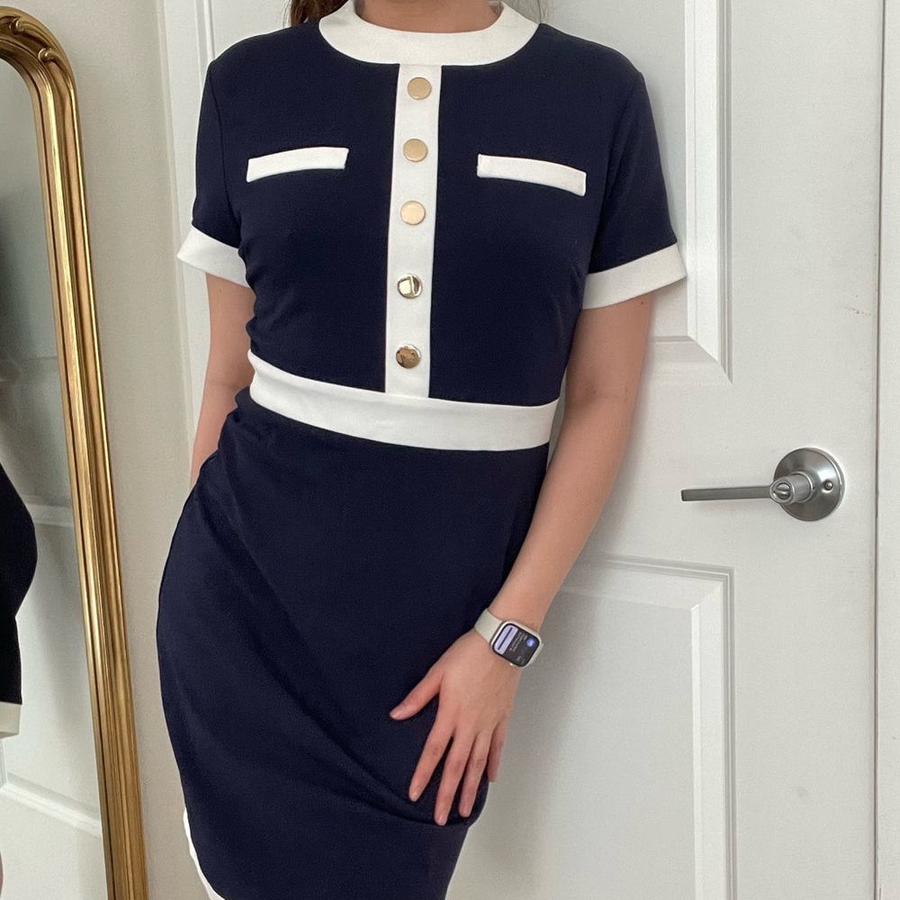 Alexa Admor Gold Button MIDI Navy Dress | Audrey Hepburn | Sz S | Figure Hugging